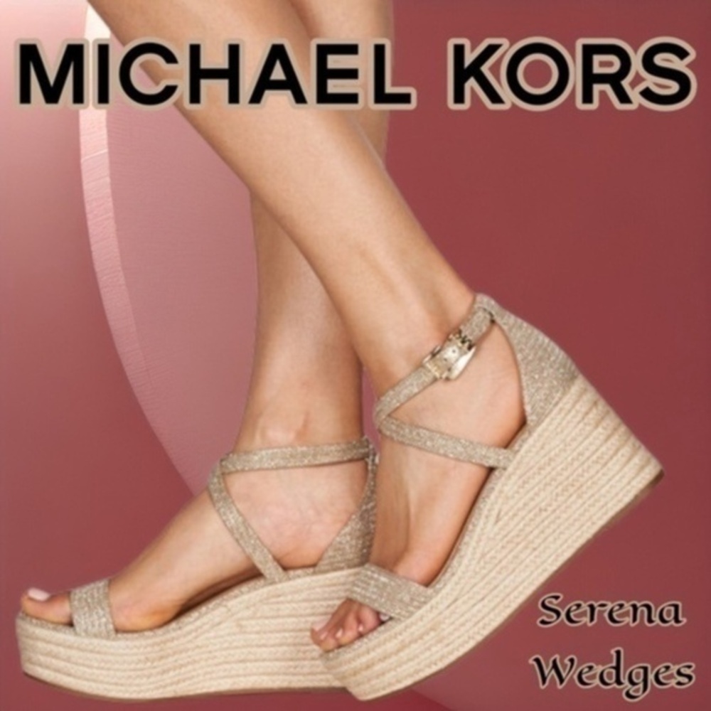 MICHAEL KORS Serena Strappy Pale-Metallic-Gold Espadrille Wedge Sandal/10M
